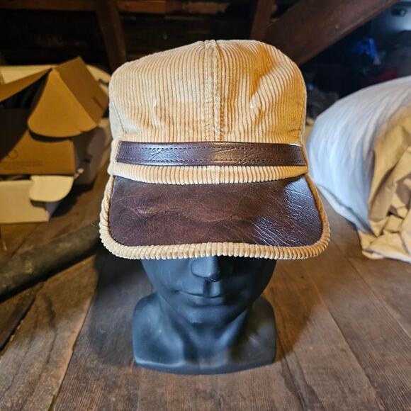 Brown Fake Leather Courdory Paper Worker Trucker Hat Vintage Fitted S-M - Picture 1 of 4